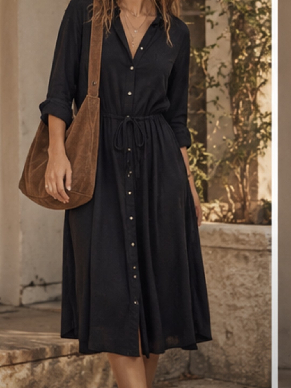 Old Navy Black Midi Shirt Dress with Tie Waist Classic Staple Officecore